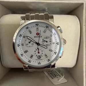 Michele Silver Watch with White Dial and Diamond Accents